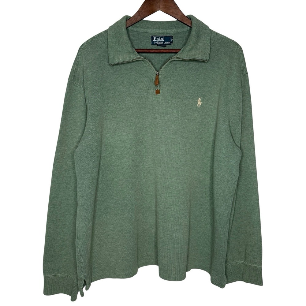 Polo Ralph Lauren Quarter Zip Sweater Men's XL Green 100% Cotton Beige Pony